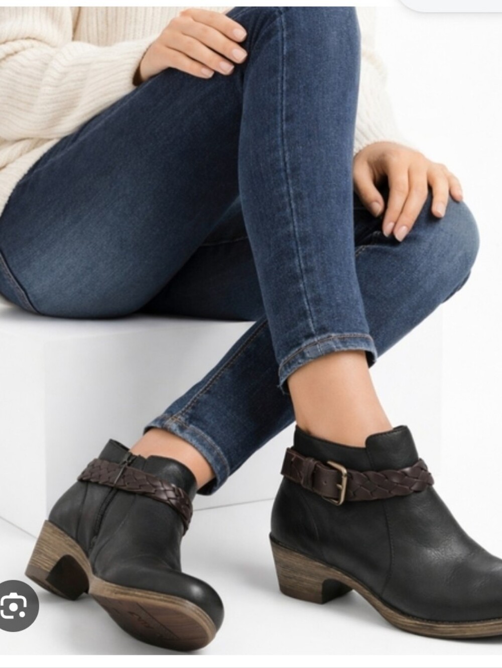 Like New Dansko Tivoli Michelle Black Ankle Boots With Brown Braided Strap.